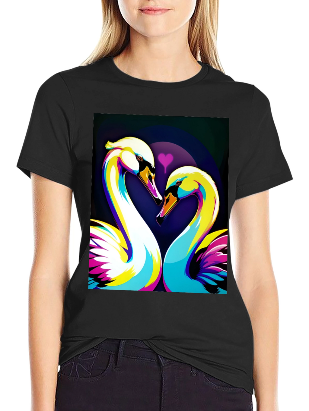 Swan Love Graphic Tee - Stylish Black T-Shirt