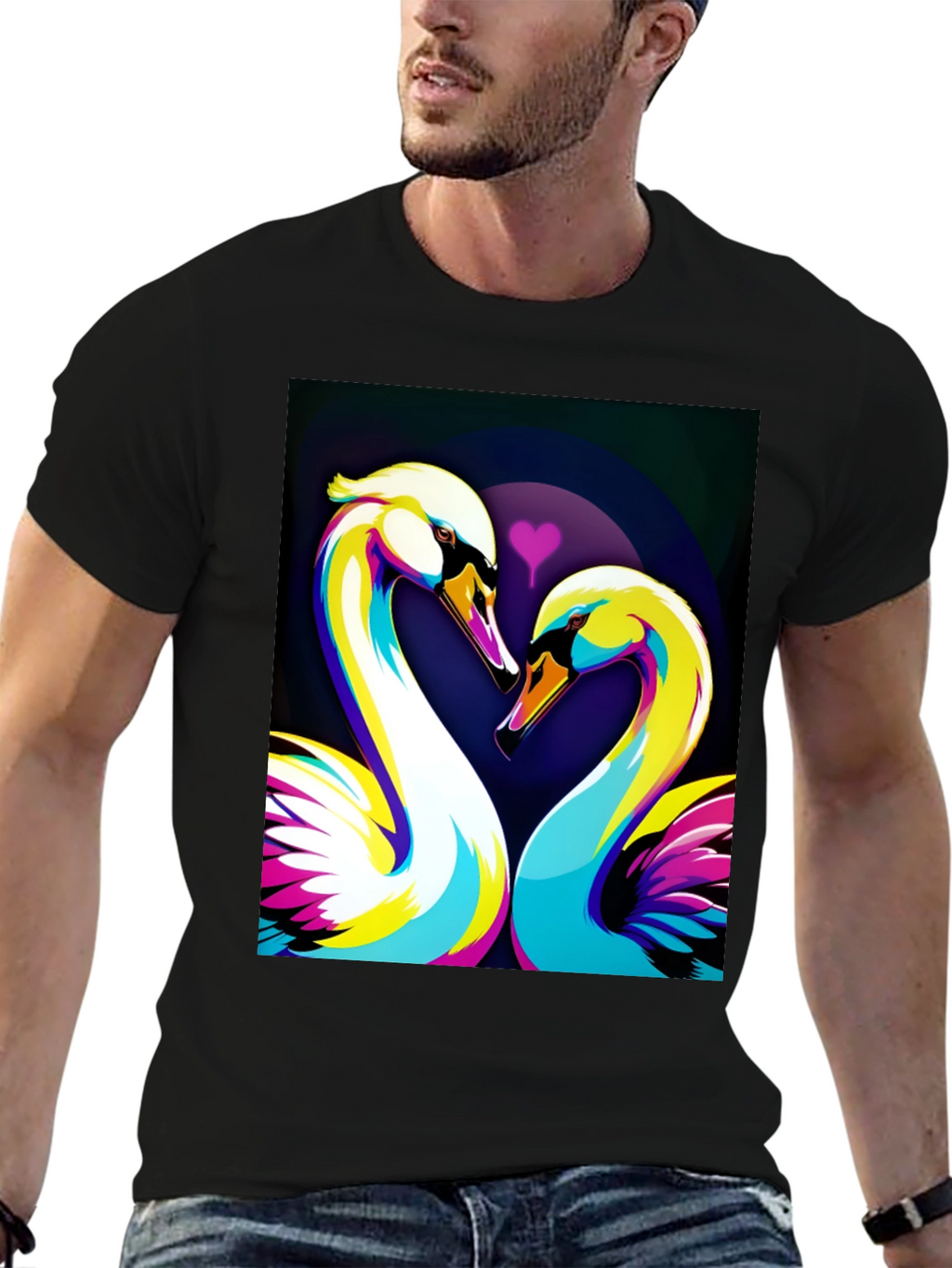 Swan Love Graphic Tee - Stylish Black T-Shirt