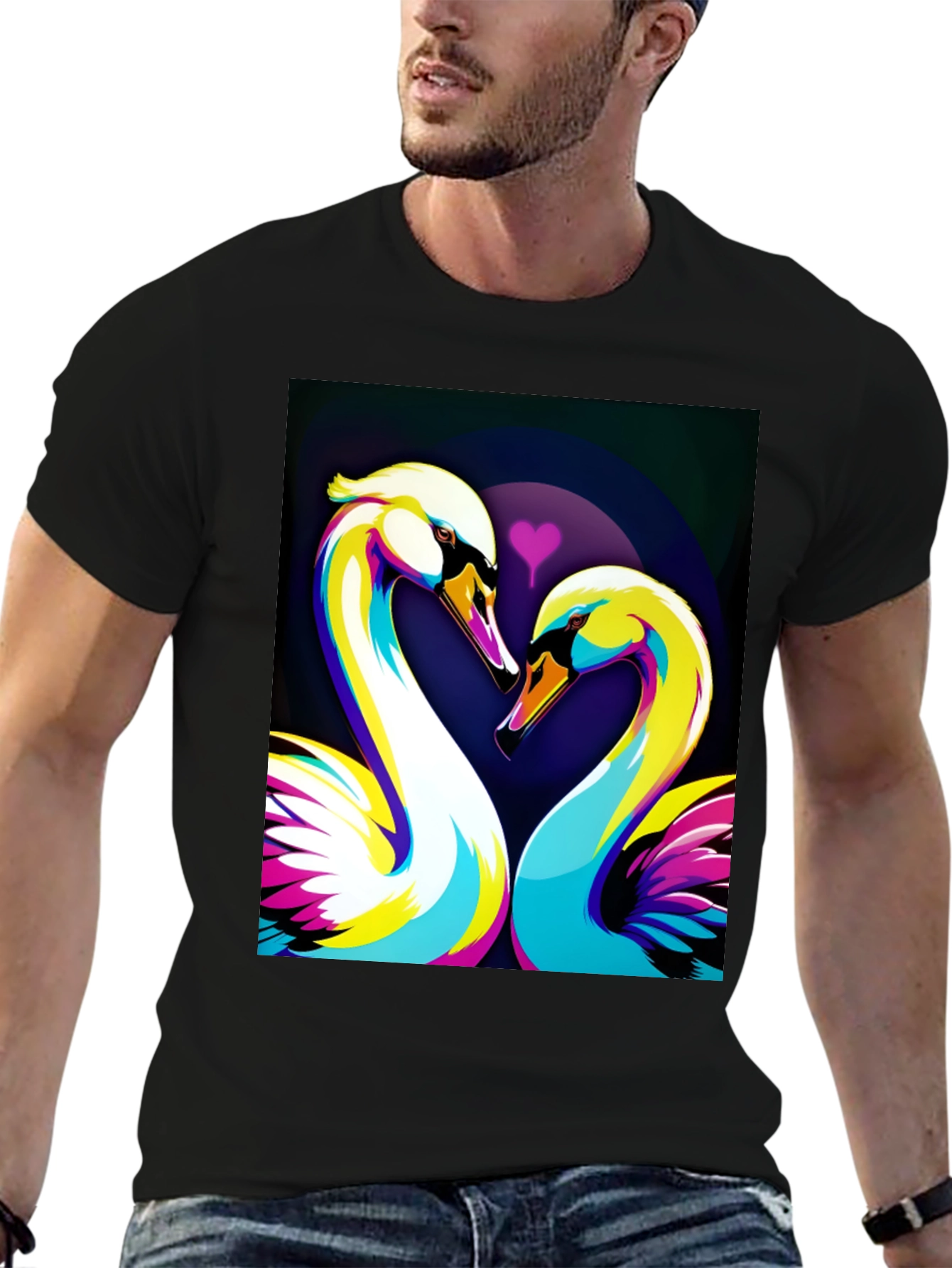 Swan Love Graphic Tee - Stylish Black T-Shirt