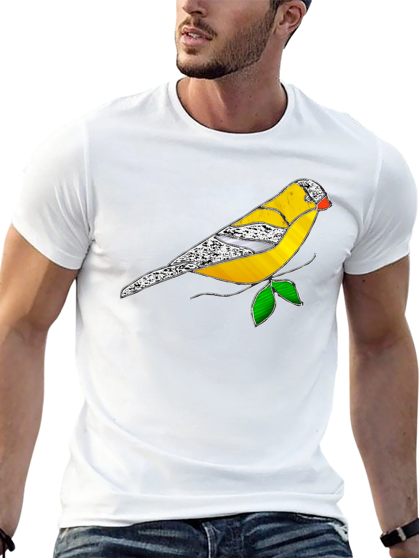Black T-Shirt with Stained Glass Bird Design