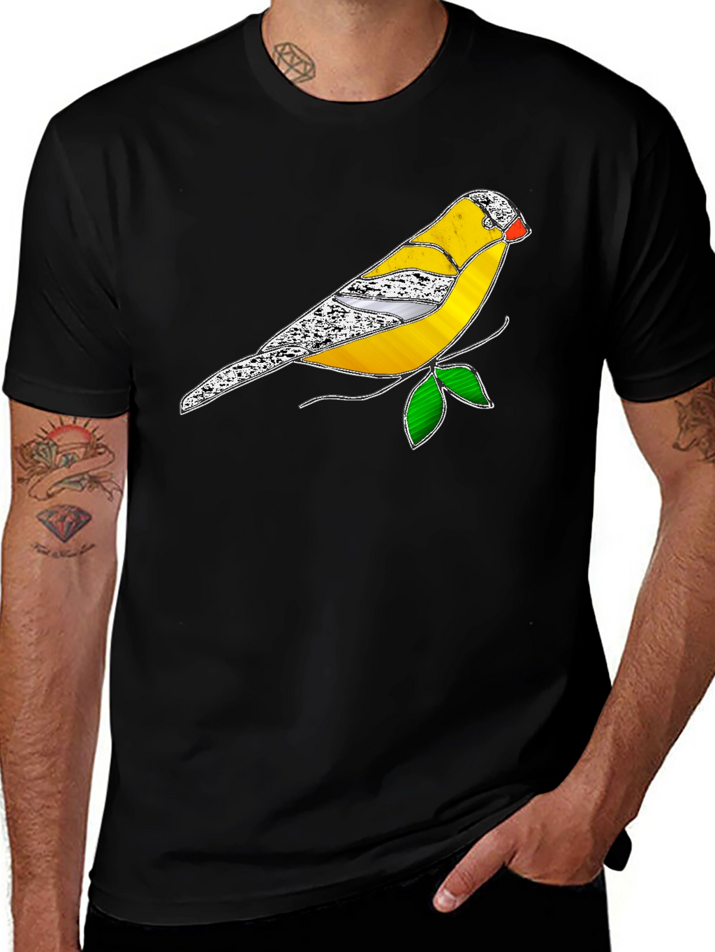 Black T-Shirt with Stained Glass Bird Design
