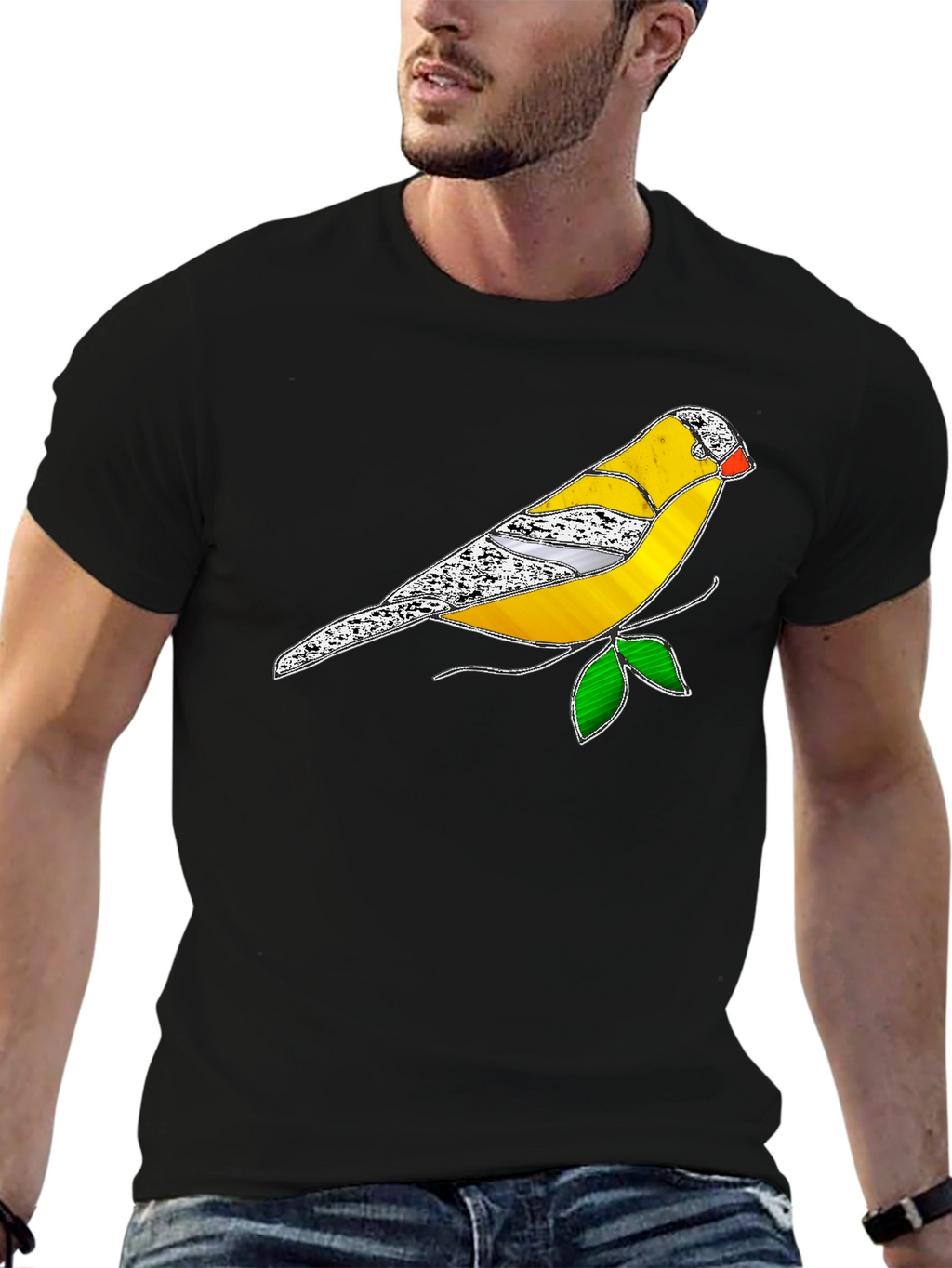 Black T-Shirt with Stained Glass Bird Design