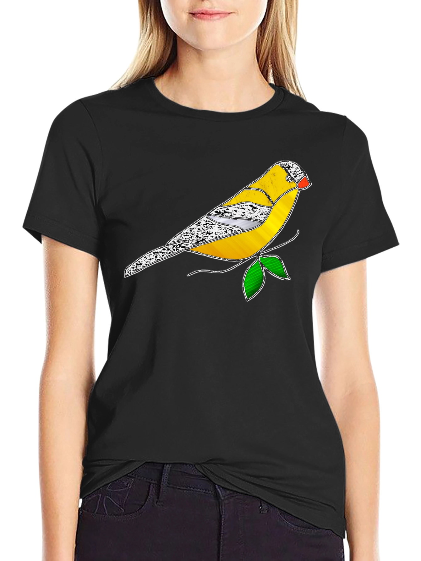 Black T-Shirt with Stained Glass Bird Design