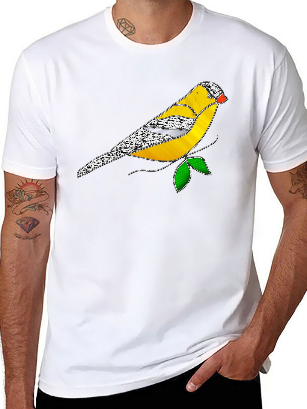 Black T-Shirt with Stained Glass Bird Design