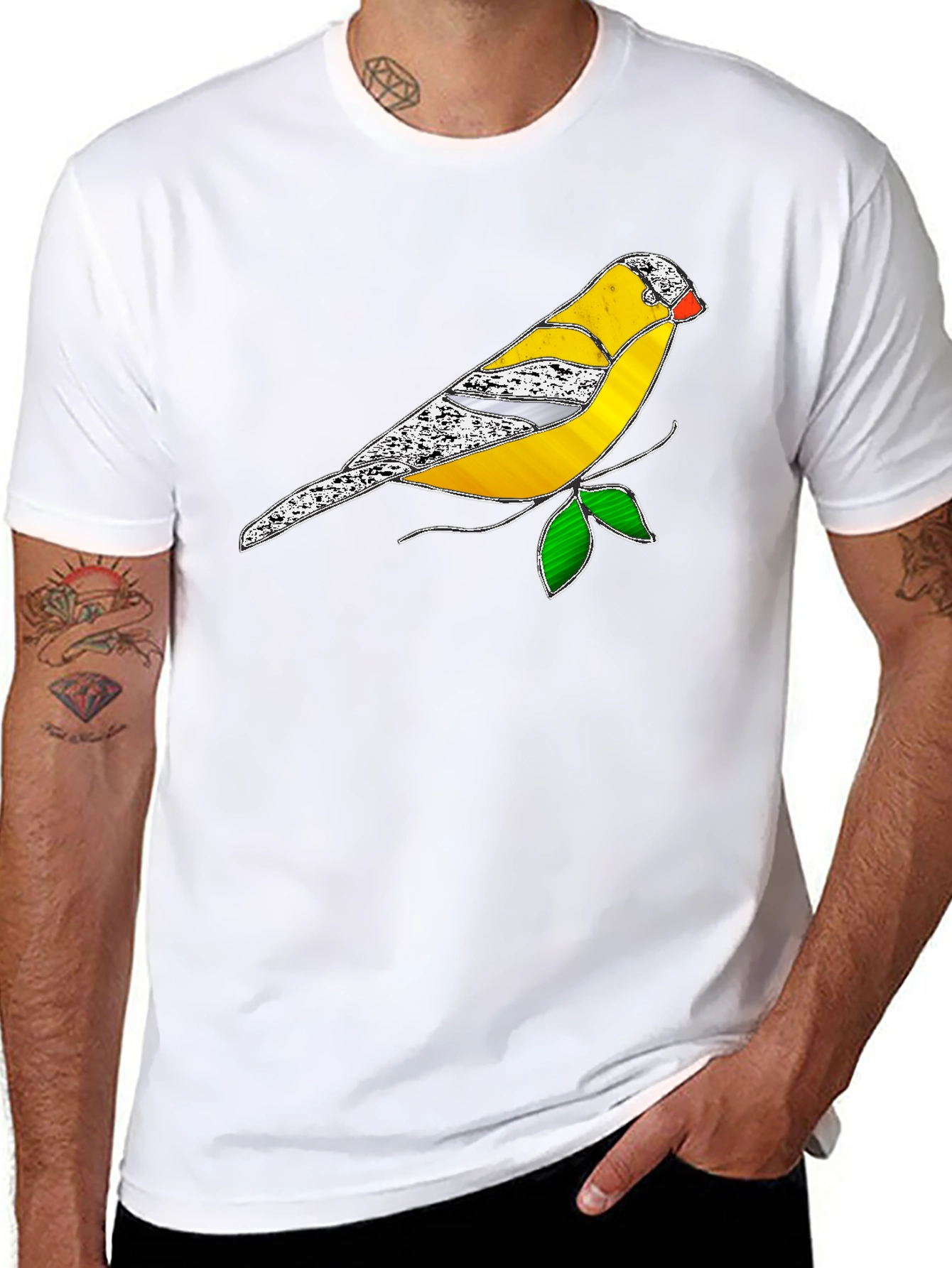 Black T-Shirt with Stained Glass Bird Design