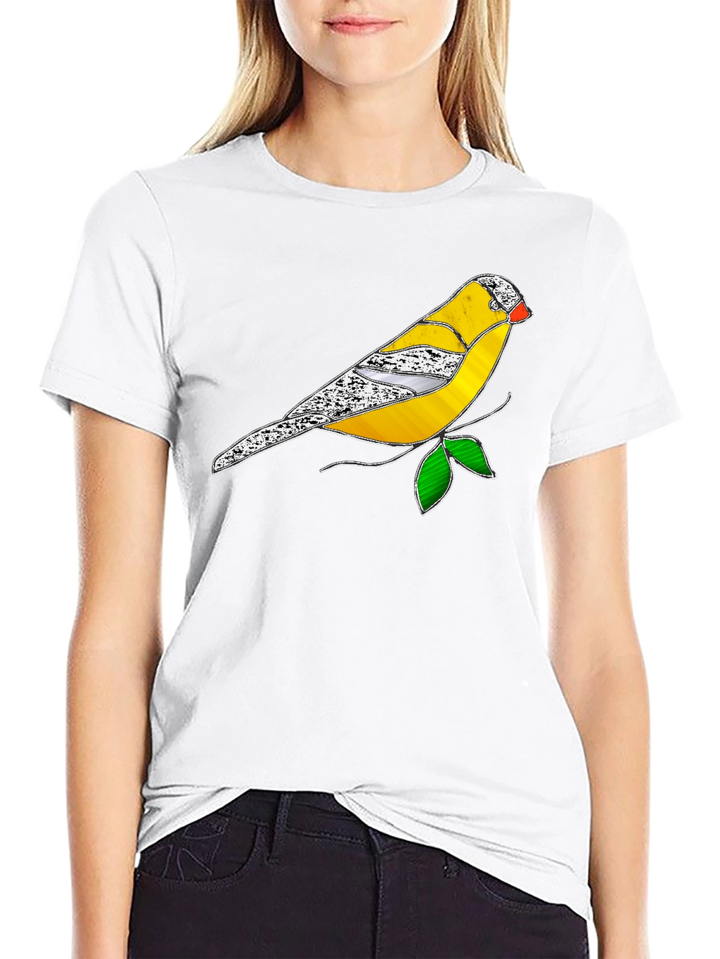 Black T-Shirt with Stained Glass Bird Design