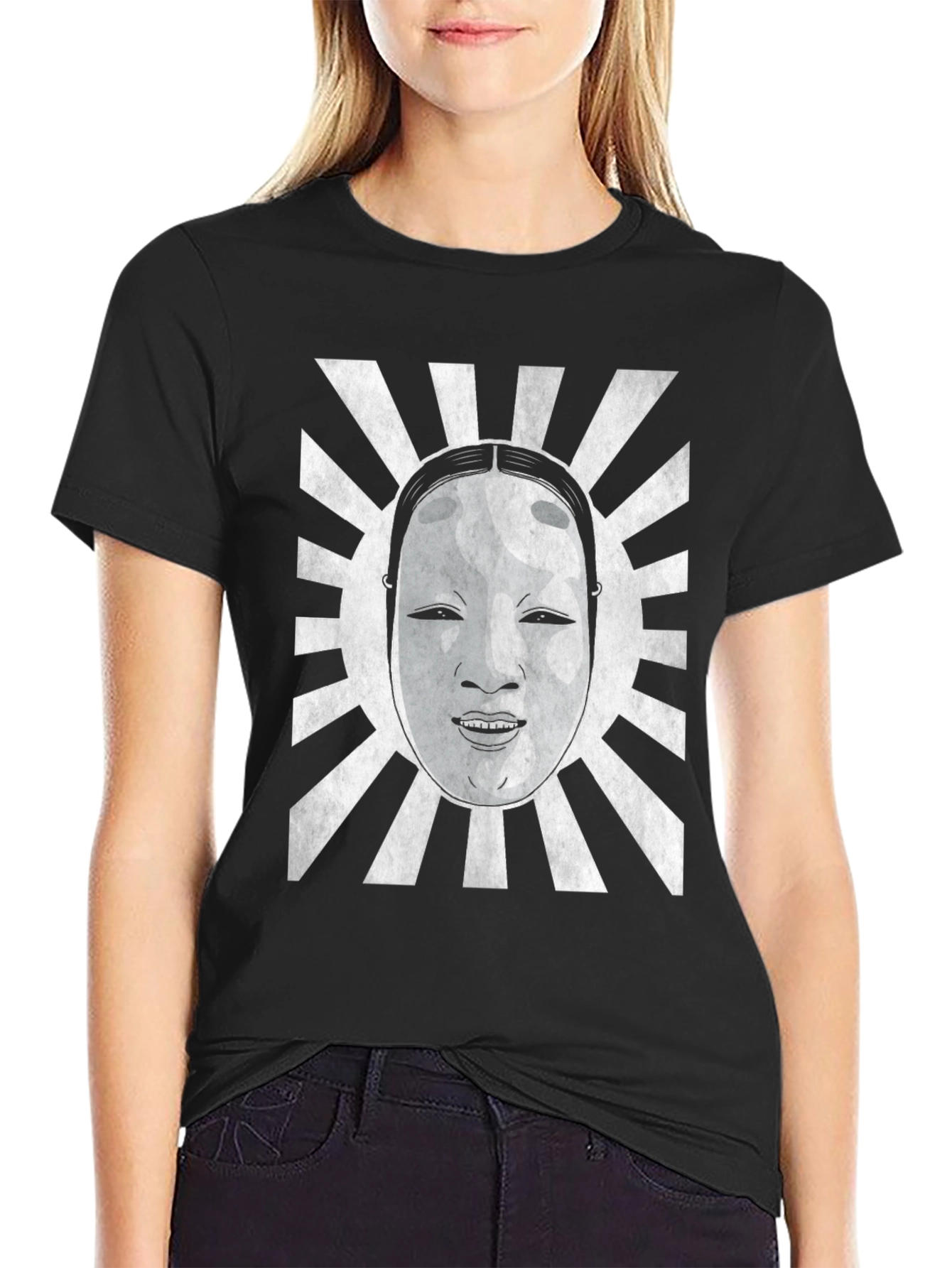 Japanese Noh Mask Graphic Tee - Black Cotton Blend