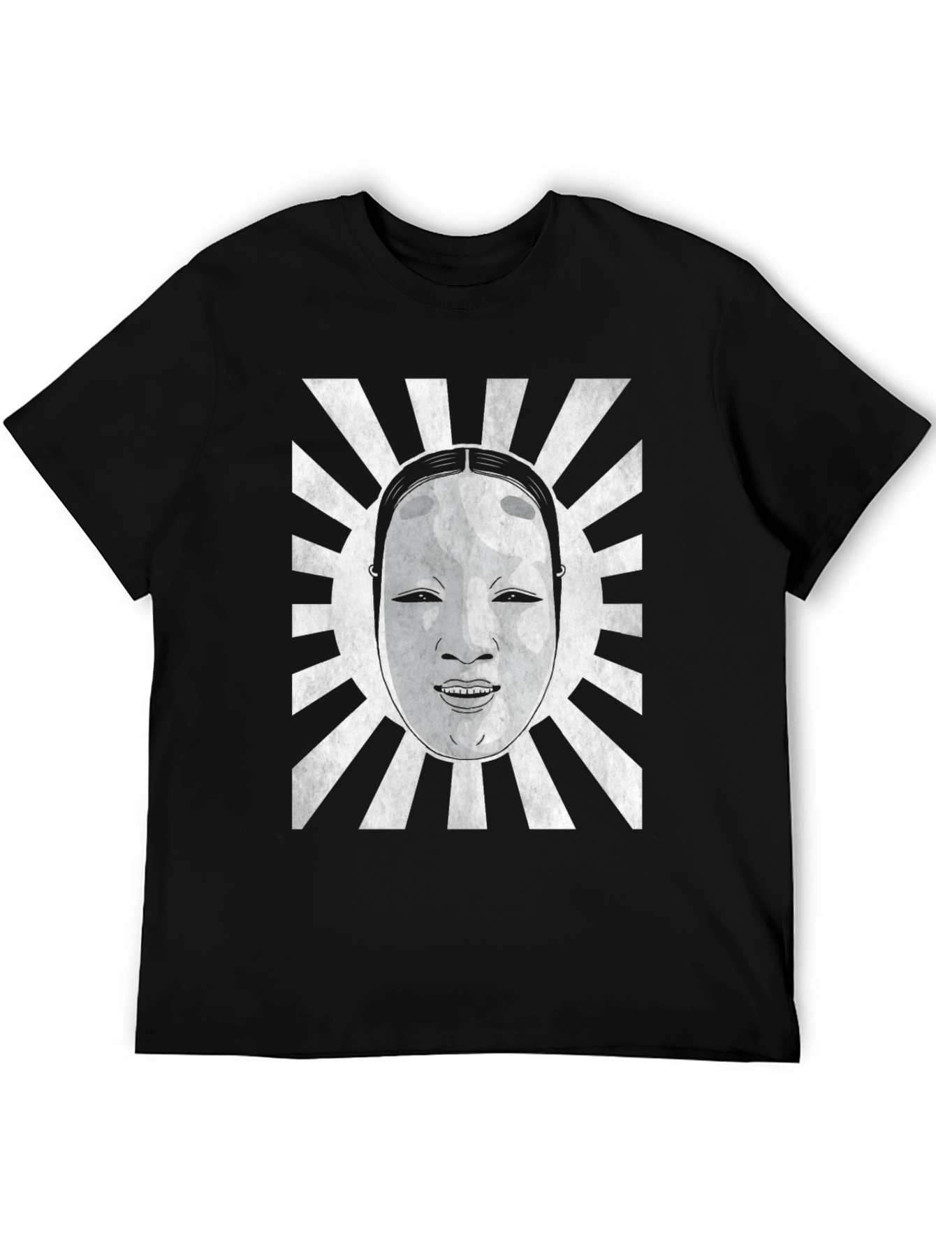 Japanese Noh Mask Graphic Tee - Black Cotton Blend