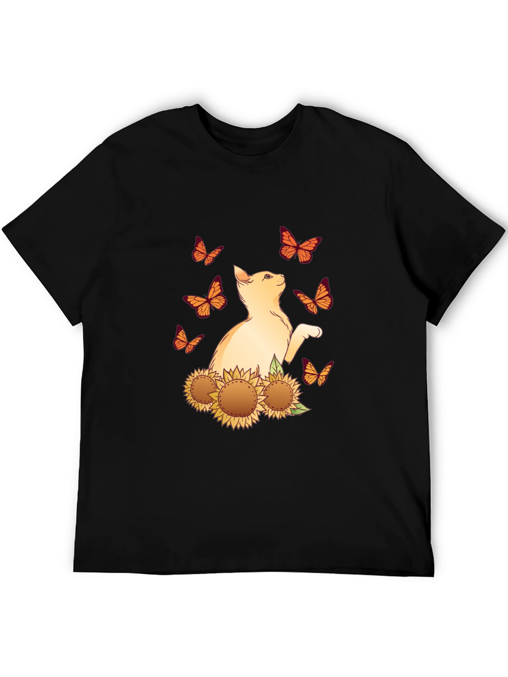 Cat Butterfly Sunflower Black Graphic Tee