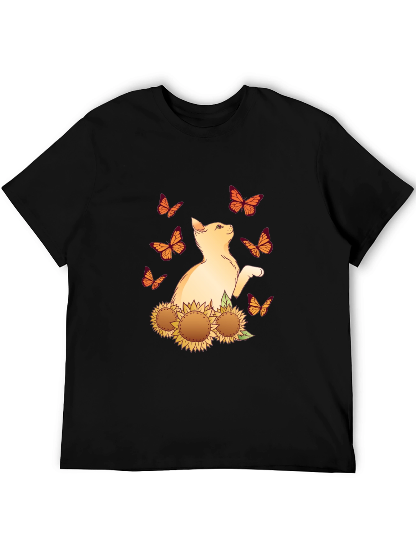 Cat Butterfly Sunflower Black Graphic Tee