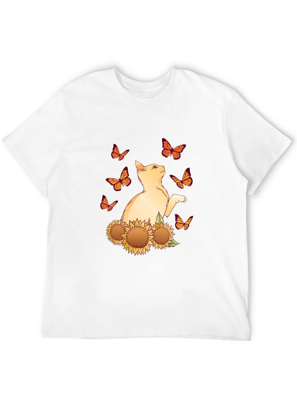 Cat Butterfly Sunflower Black Graphic Tee
