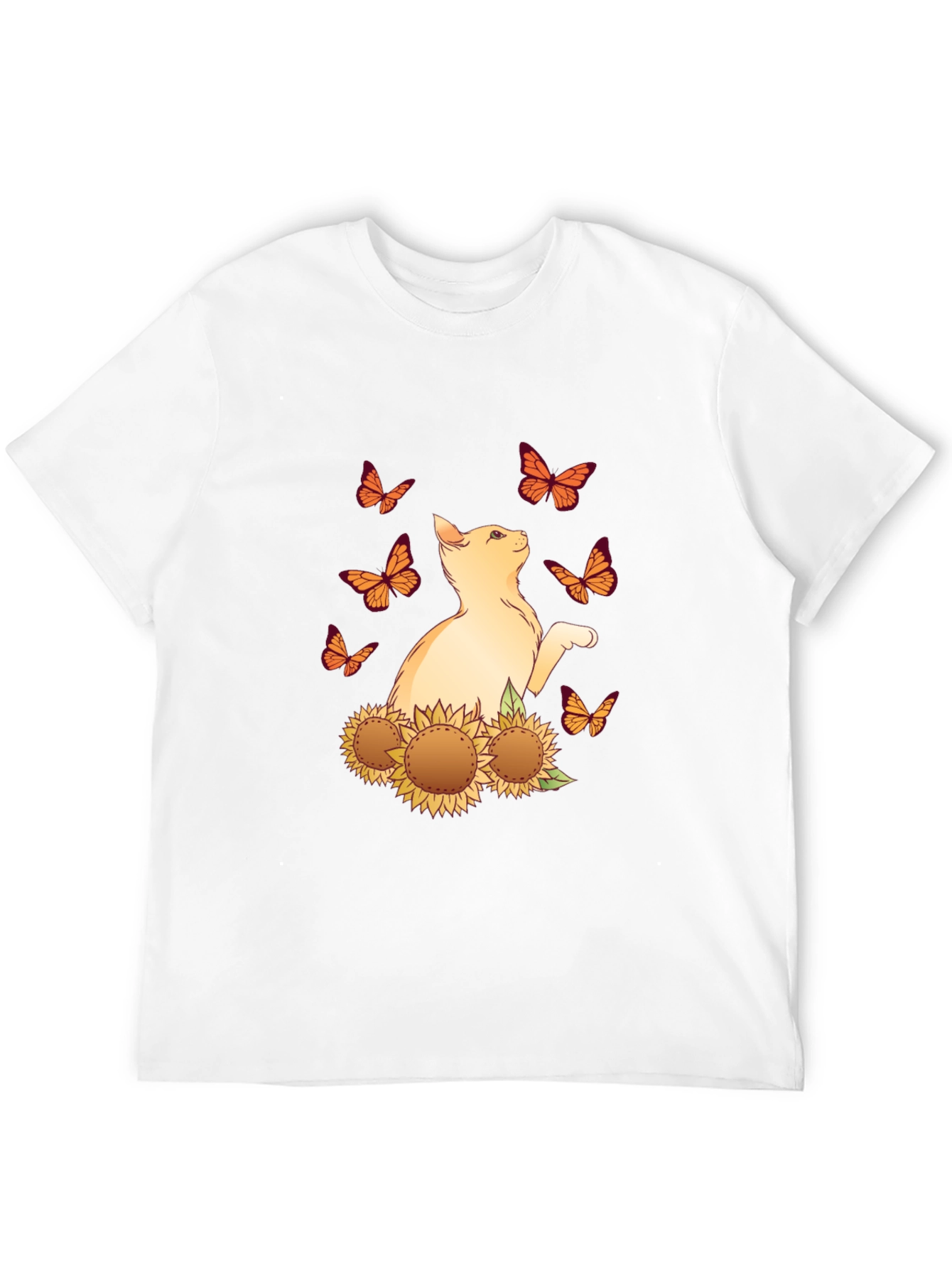 Cat Butterfly Sunflower Black Graphic Tee