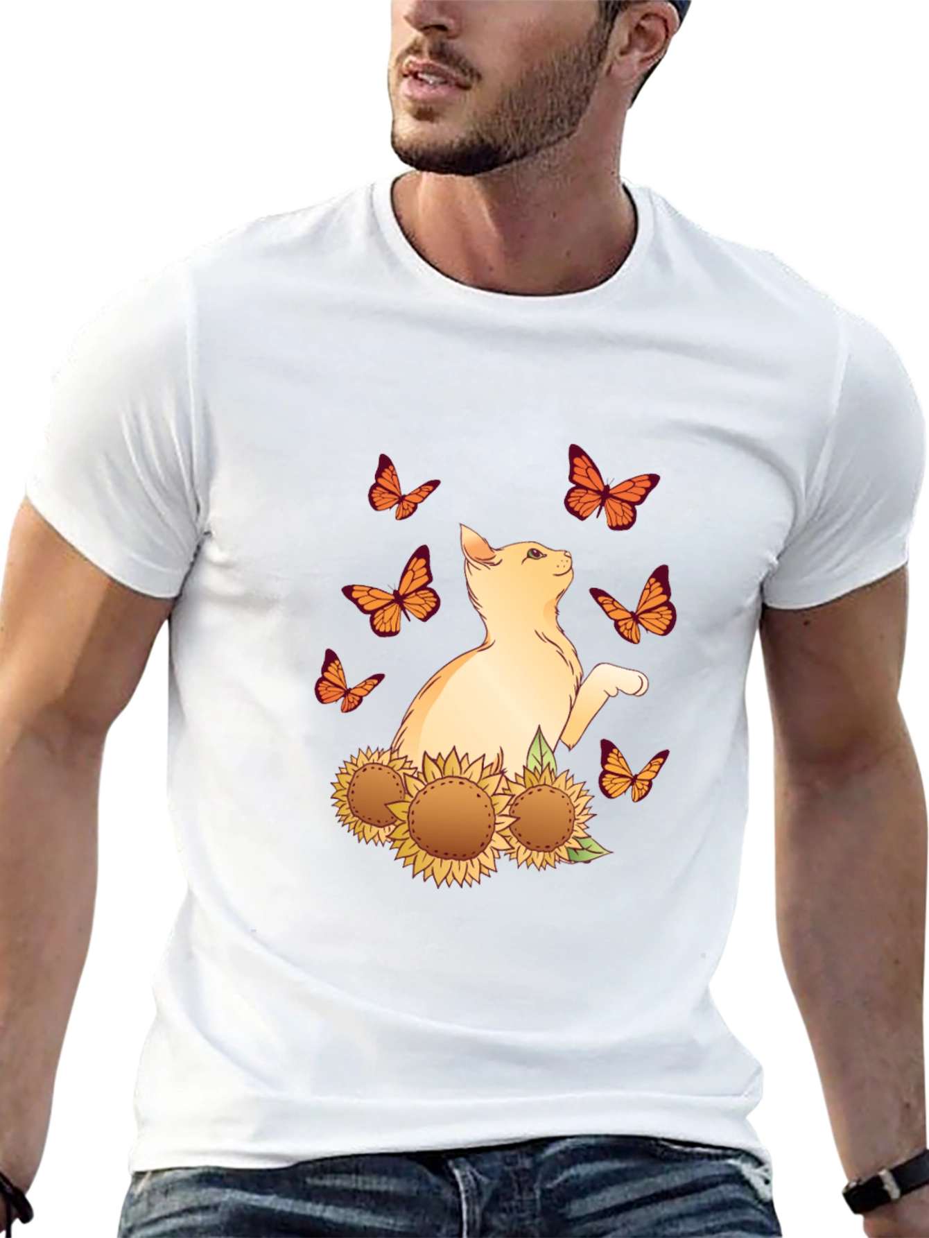 Cat Butterfly Sunflower Black Graphic Tee