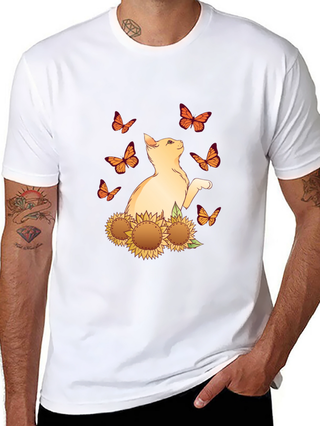 Cat Butterfly Sunflower Black Graphic Tee