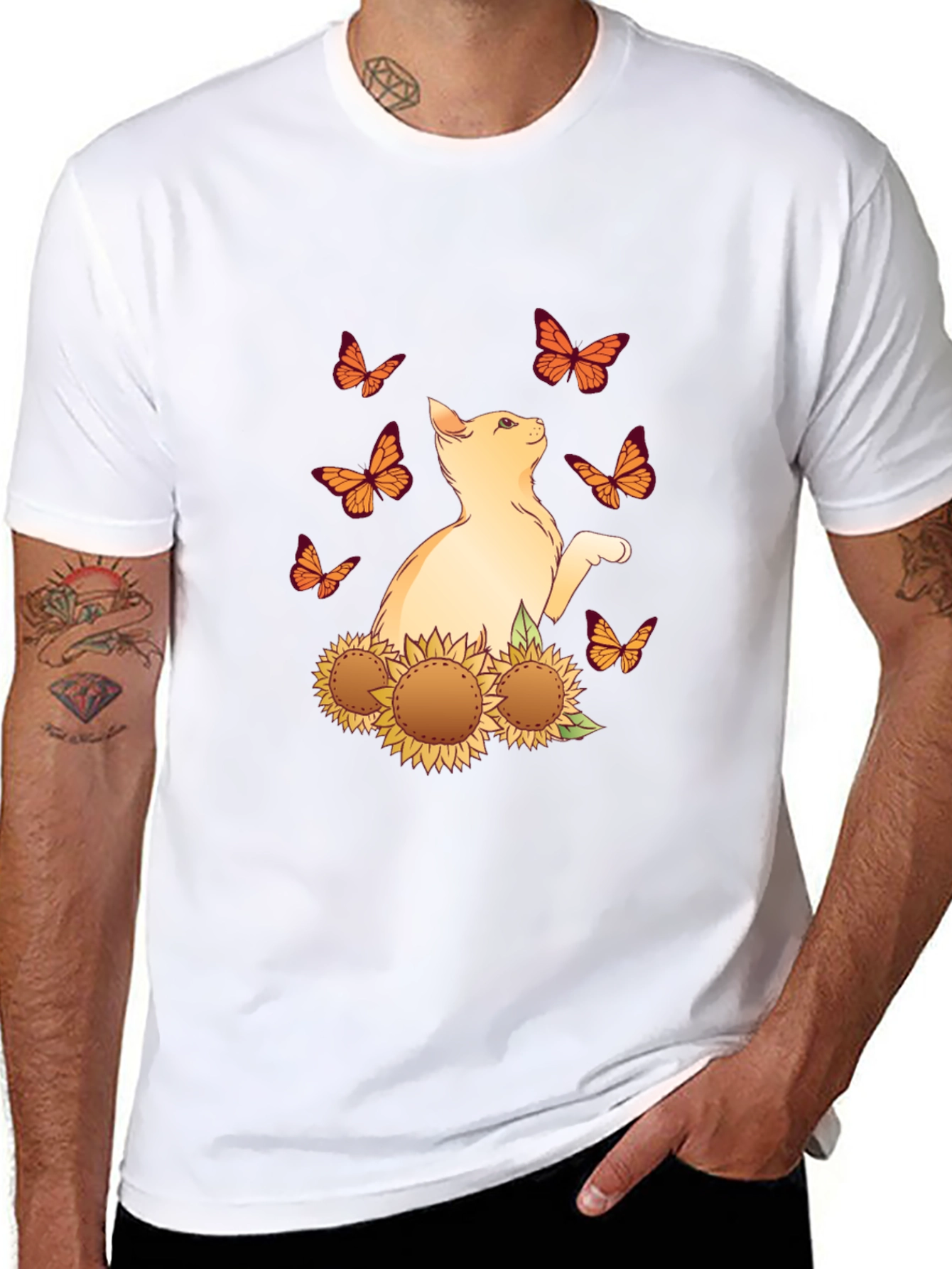 Cat Butterfly Sunflower Black Graphic Tee