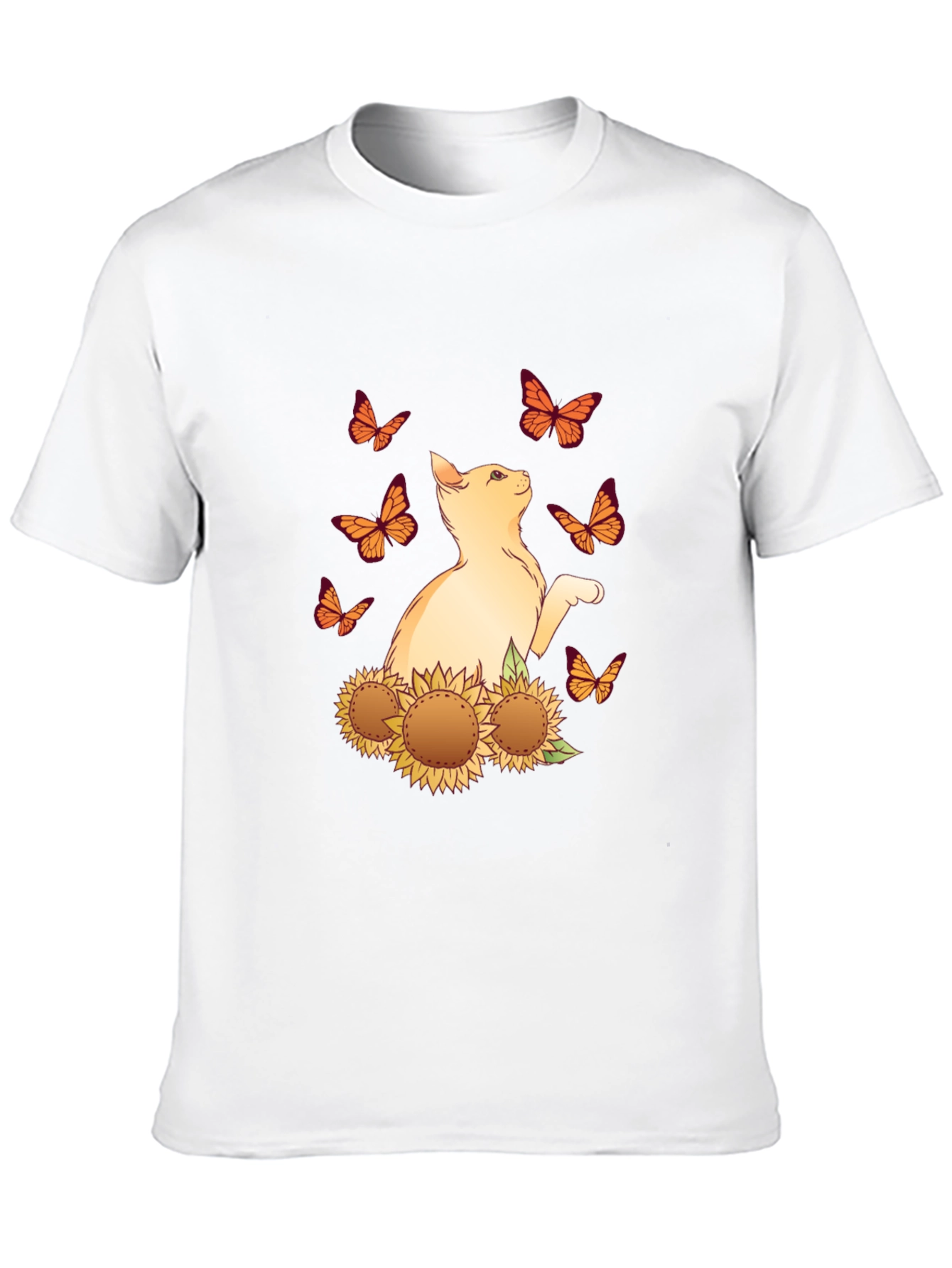 Cat Butterfly Sunflower Black Graphic Tee