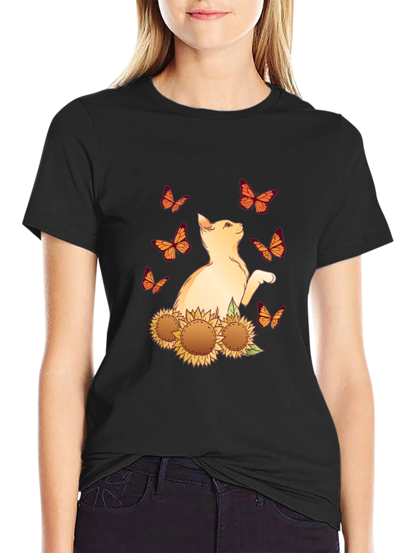 Cat Butterfly Sunflower Black Graphic Tee