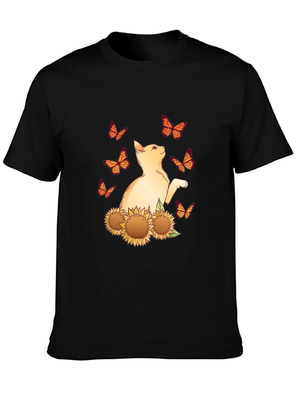 Cat Butterfly Sunflower Black Graphic Tee