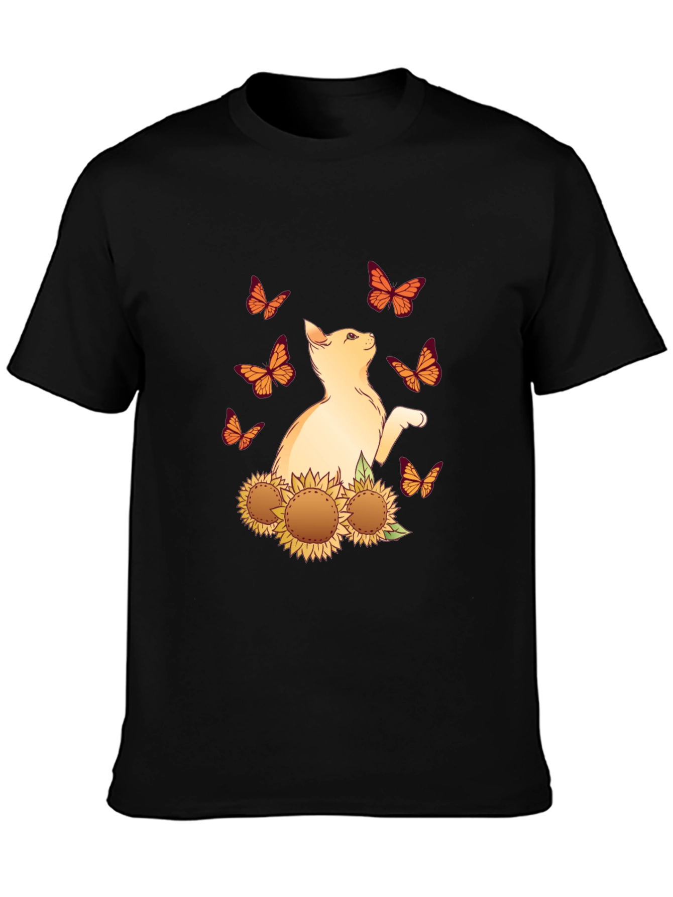 Cat Butterfly Sunflower Black Graphic Tee