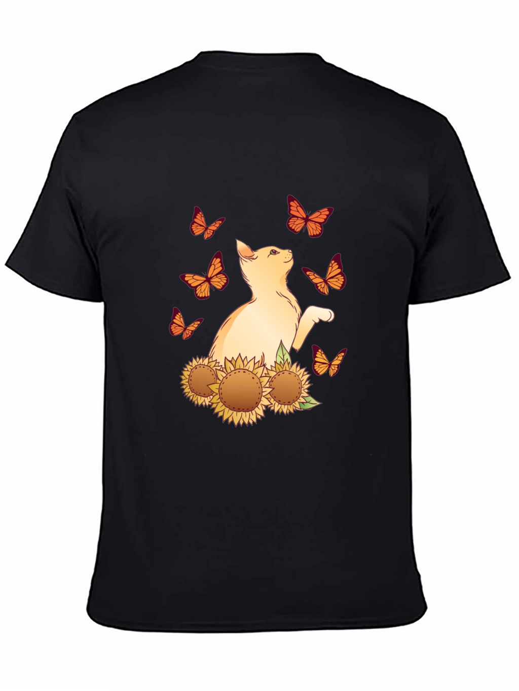 Cat Butterfly Sunflower Black Graphic Tee