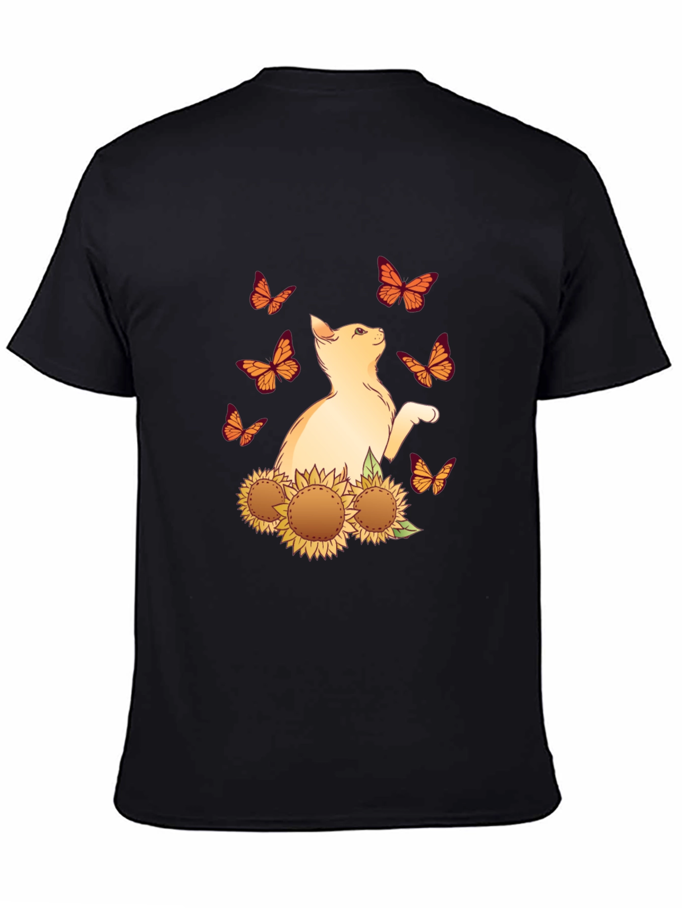 Cat Butterfly Sunflower Black Graphic Tee