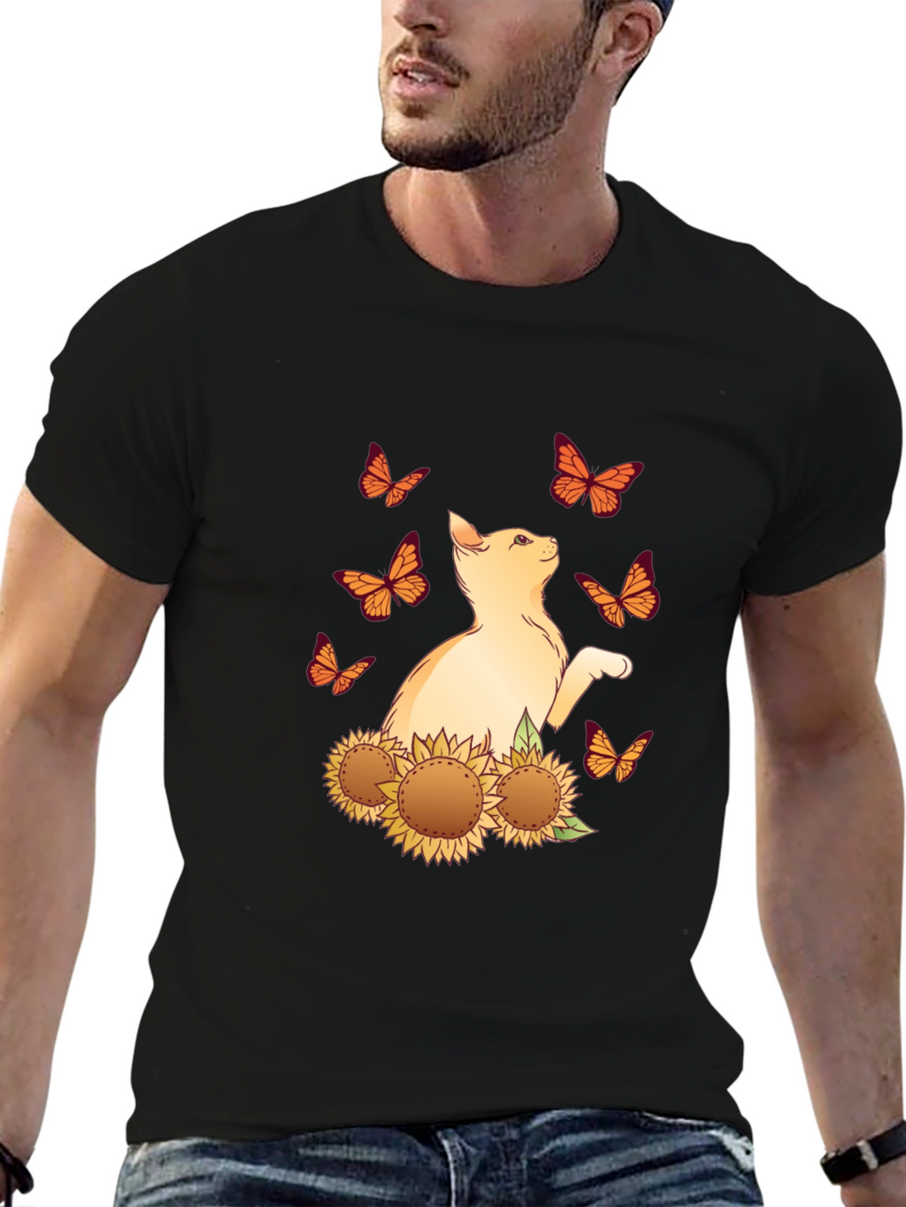 Cat Butterfly Sunflower Black Graphic Tee