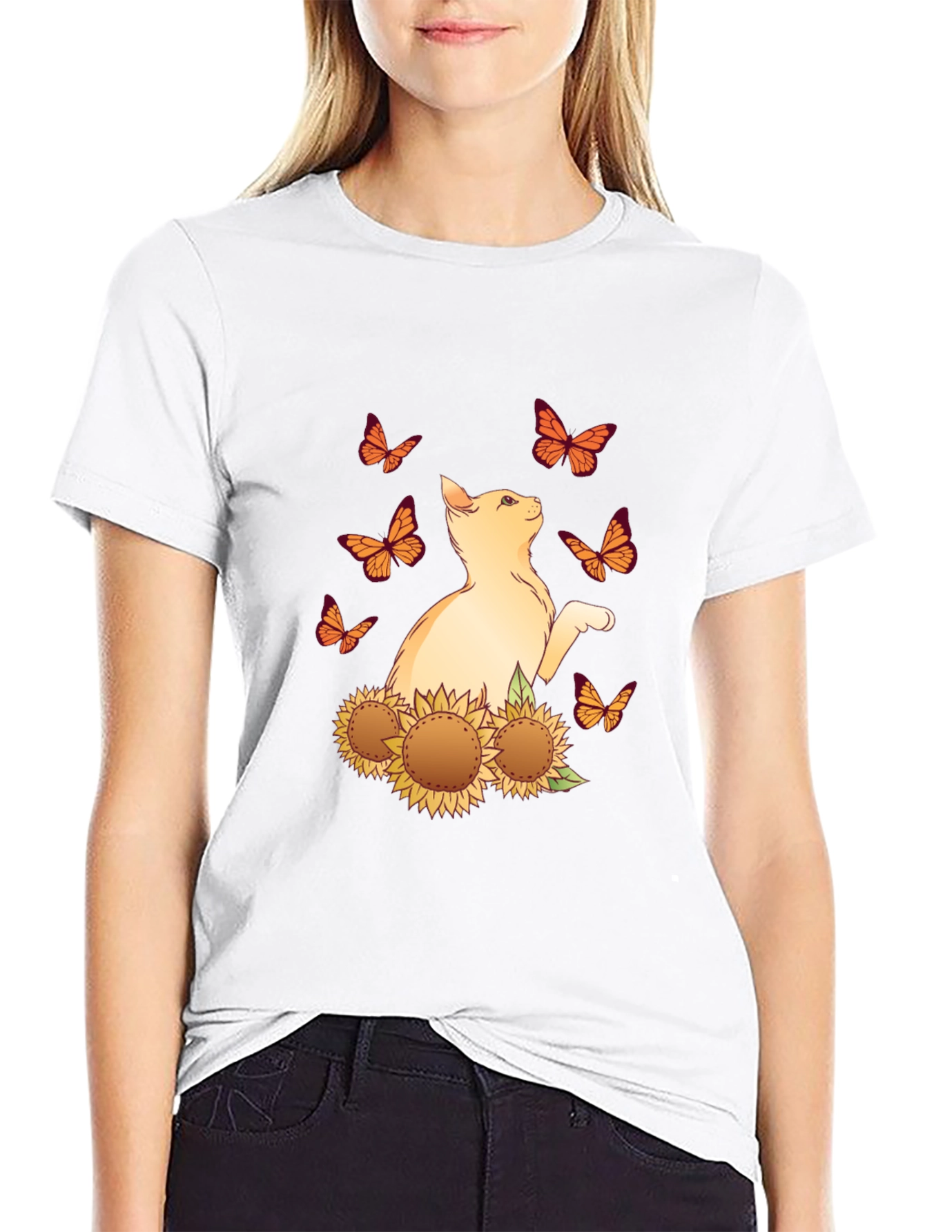 Cat Butterfly Sunflower Black Graphic Tee