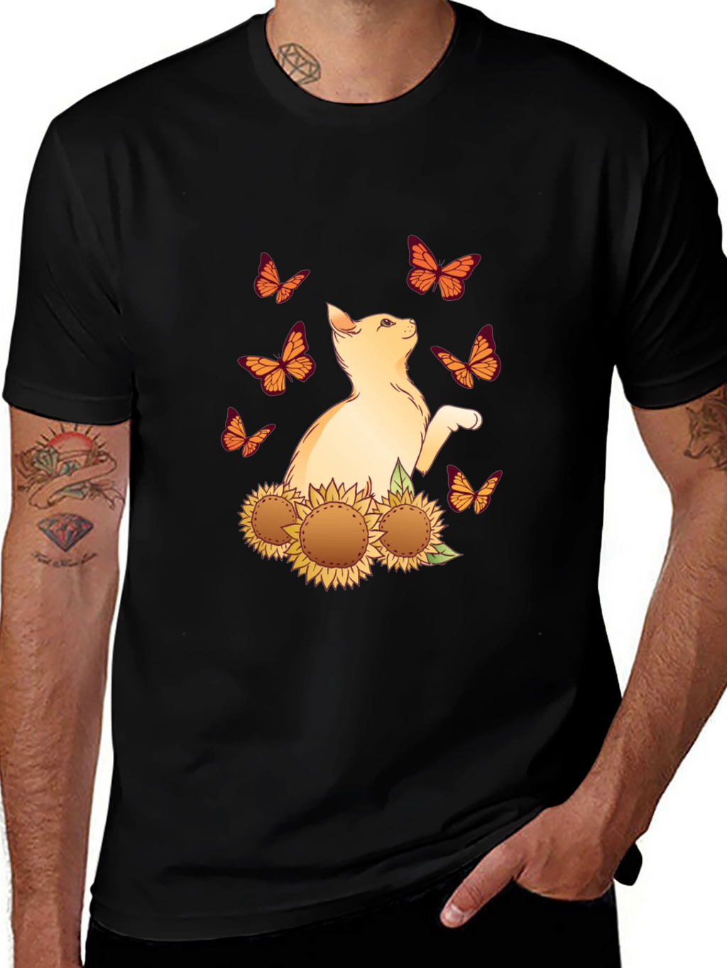 Cat Butterfly Sunflower Black Graphic Tee