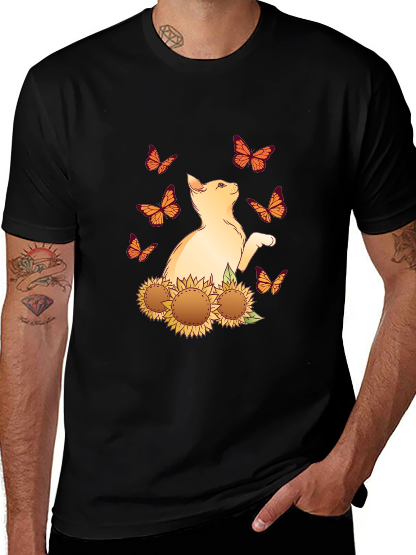 Cat Butterfly Sunflower Black Graphic Tee