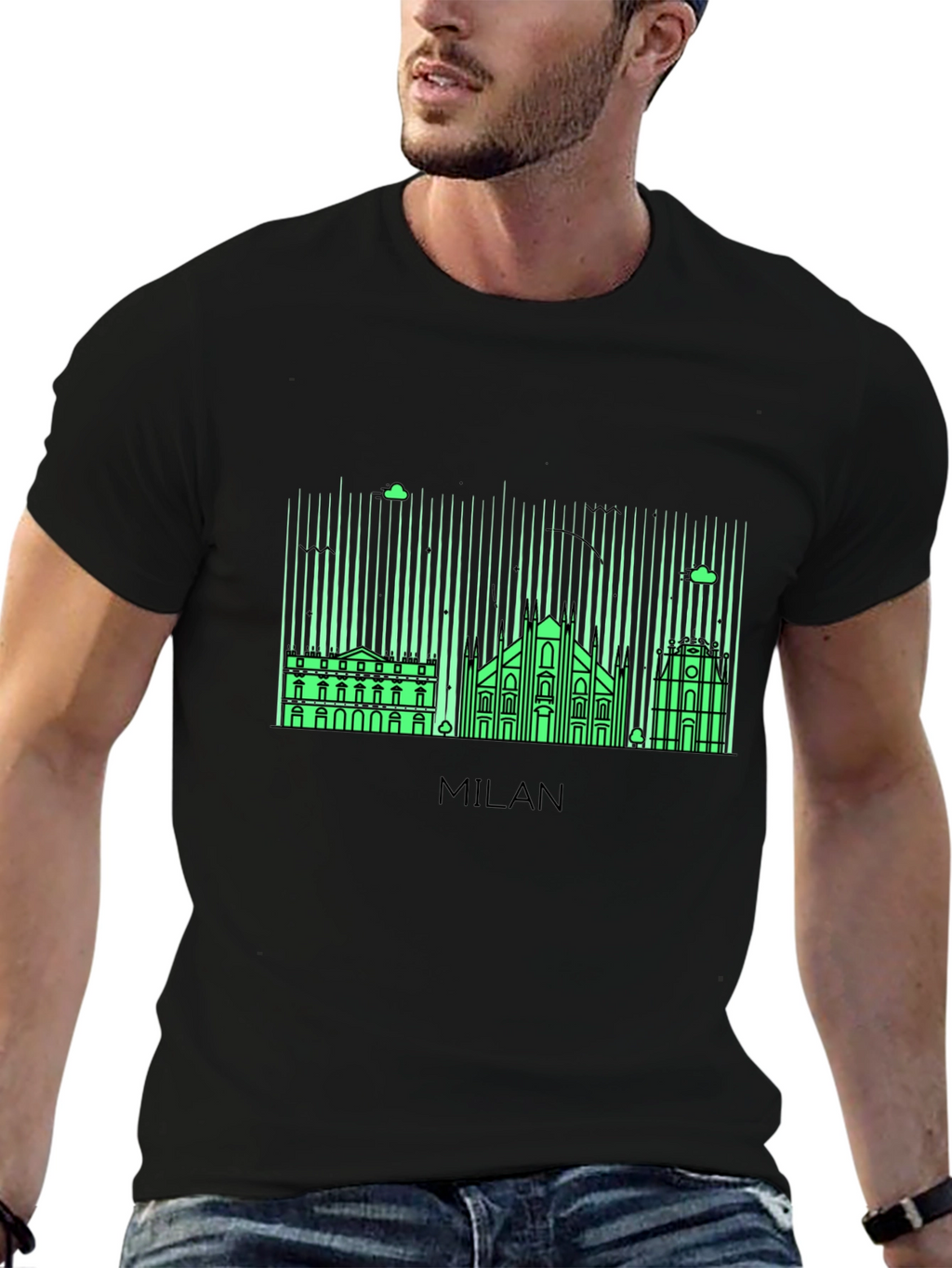 Milan Skyline Graphic Tee - Black Cotton T-Shirt