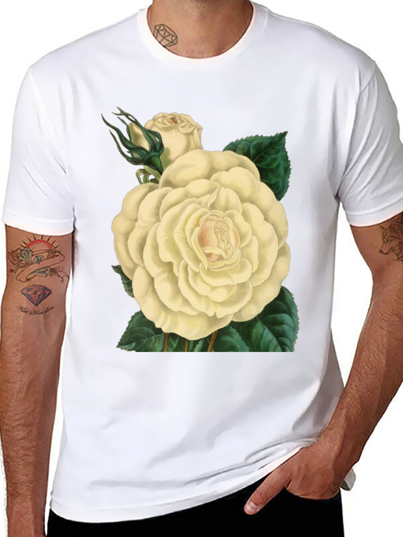 Floral White Rose Graphic Print Black T-Shirt