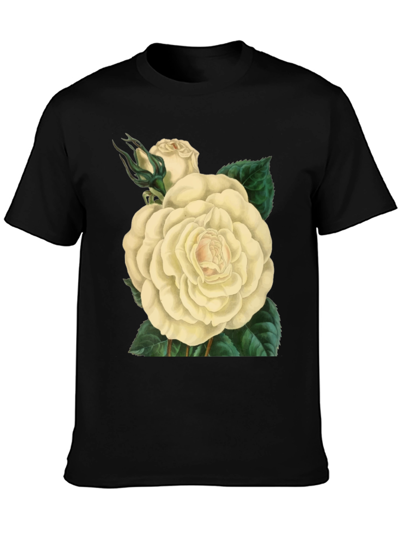 Floral White Rose Graphic Print Black T-Shirt