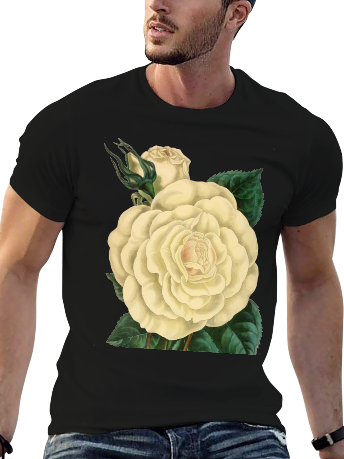 Floral White Rose Graphic Print Black T-Shirt