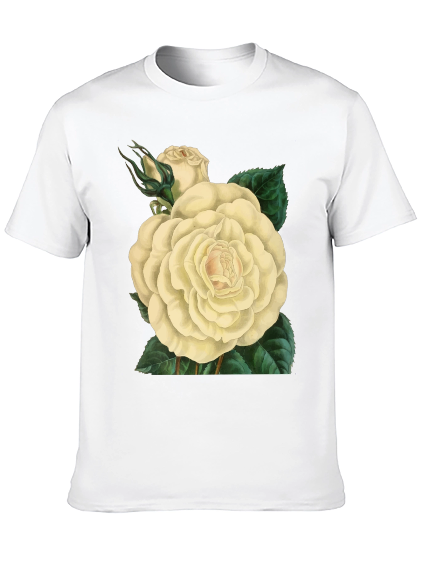 Floral White Rose Graphic Print Black T-Shirt