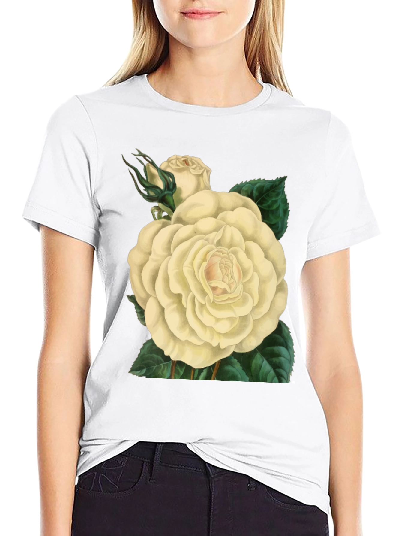 Floral White Rose Graphic Print Black T-Shirt