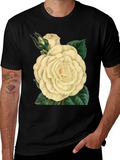Floral White Rose Graphic Print Black T-Shirt