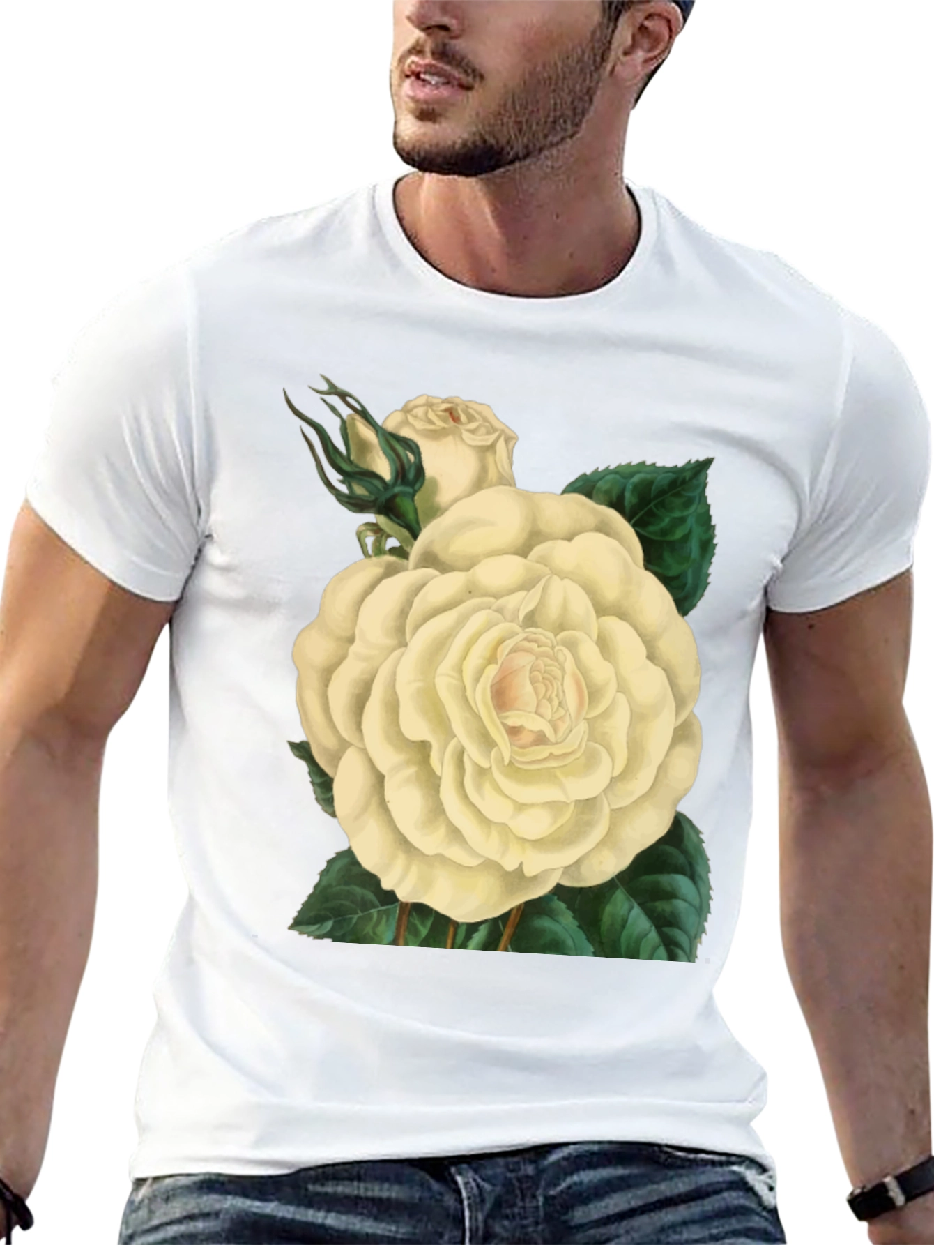 Floral White Rose Graphic Print Black T-Shirt