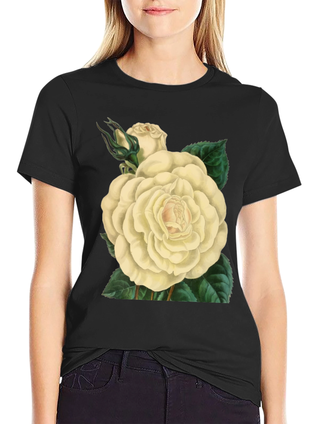 Floral White Rose Graphic Print Black T-Shirt