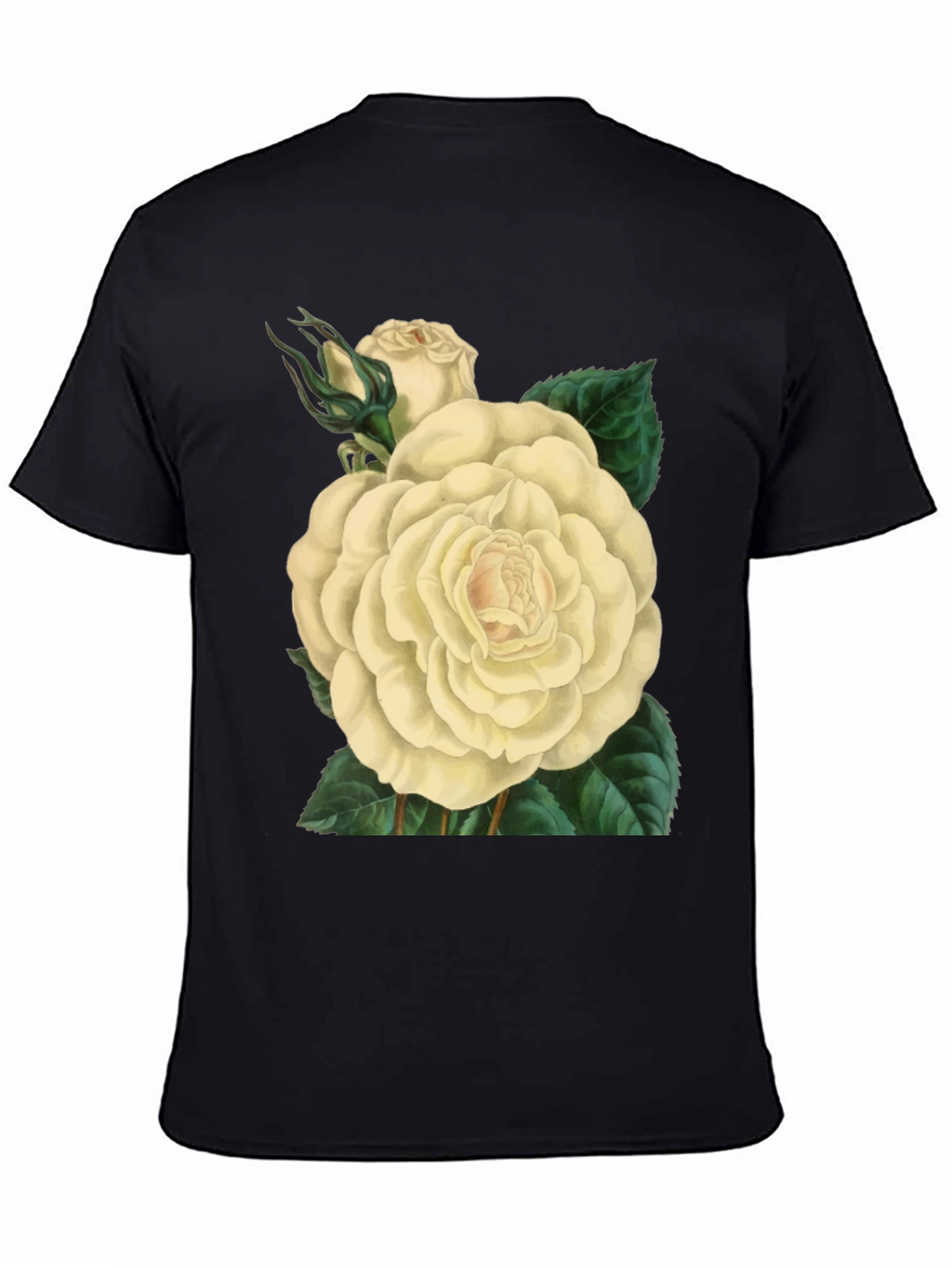 Floral White Rose Graphic Print Black T-Shirt
