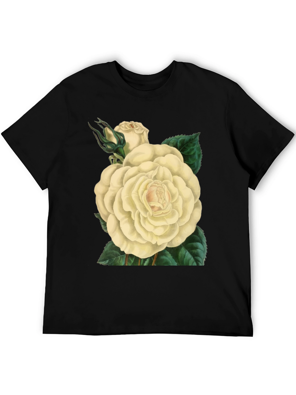 Floral White Rose Graphic Print Black T-Shirt