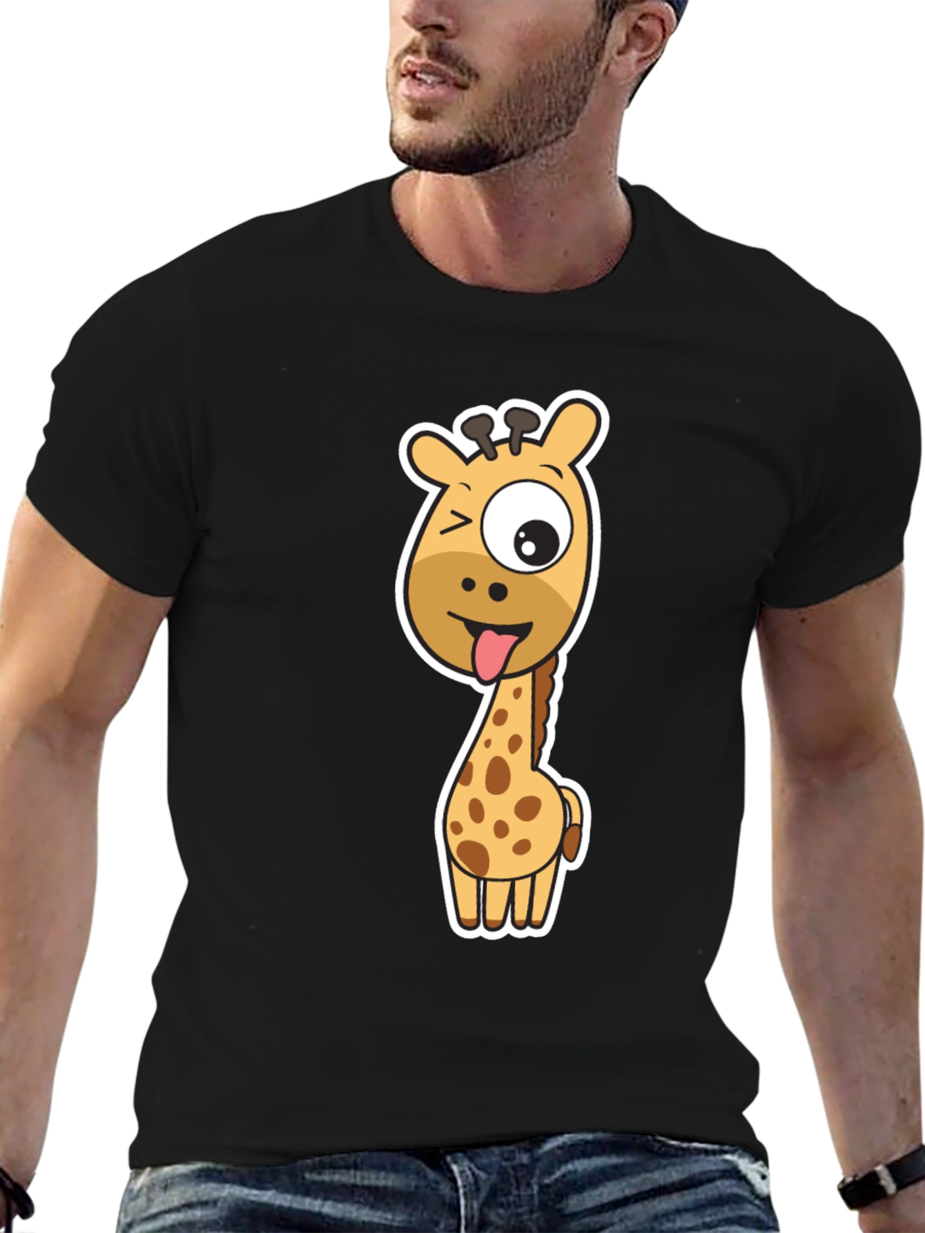 Funny Giraffe Graphic Tee - Black Cotton T-Shirt