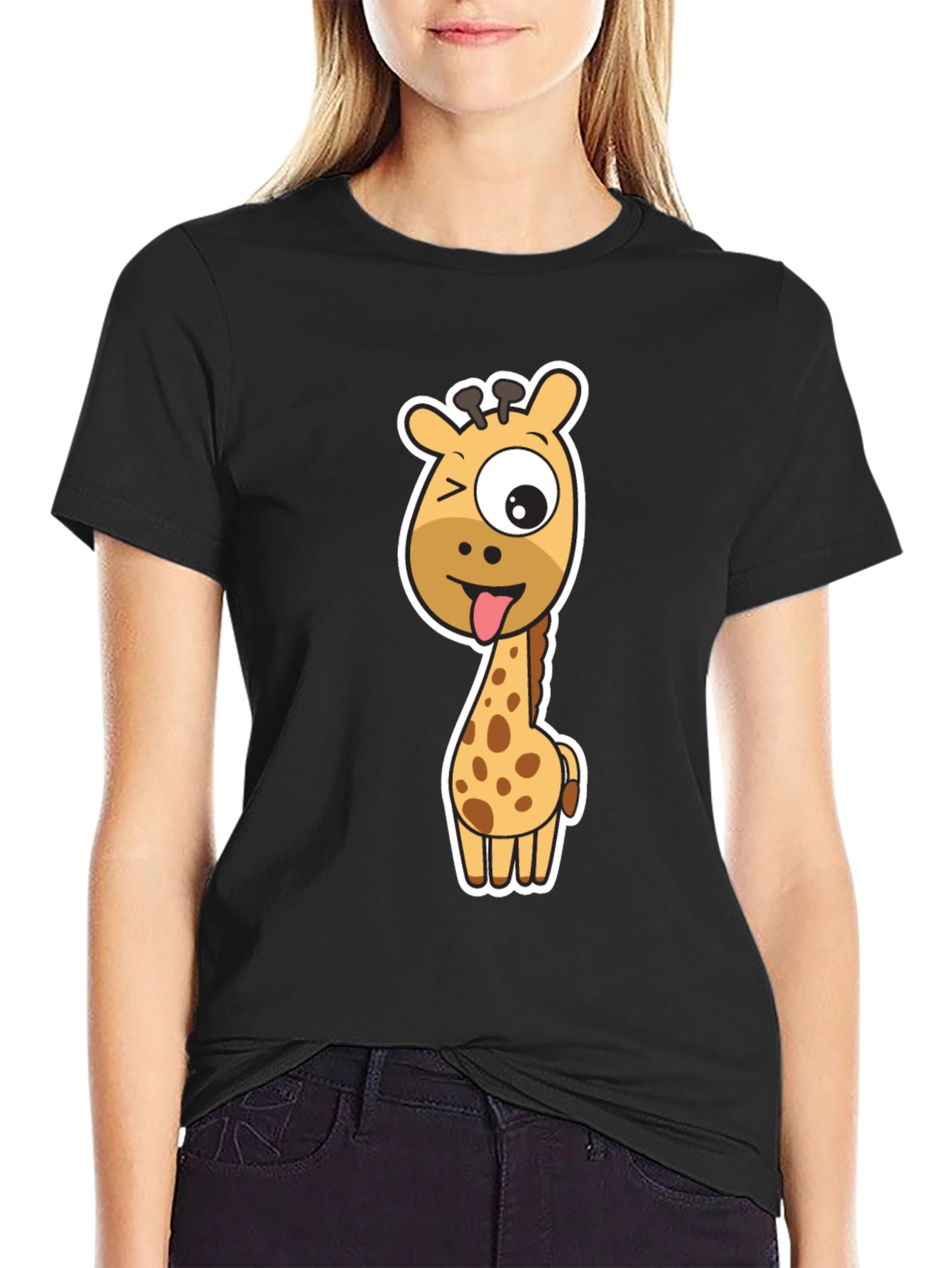 Funny Giraffe Graphic Tee - Black Cotton T-Shirt