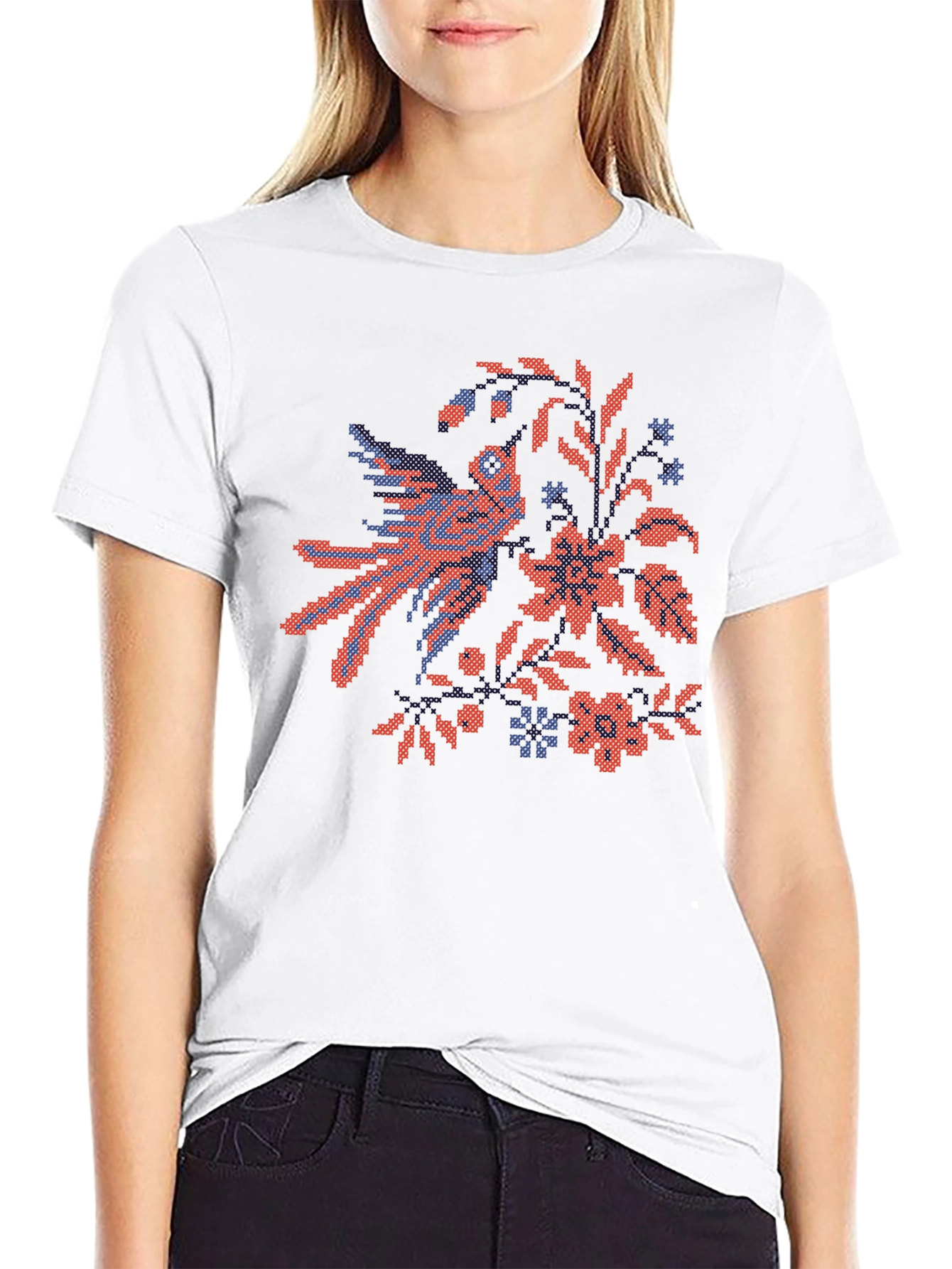 Embroidered Bird & Floral Black T-Shirt