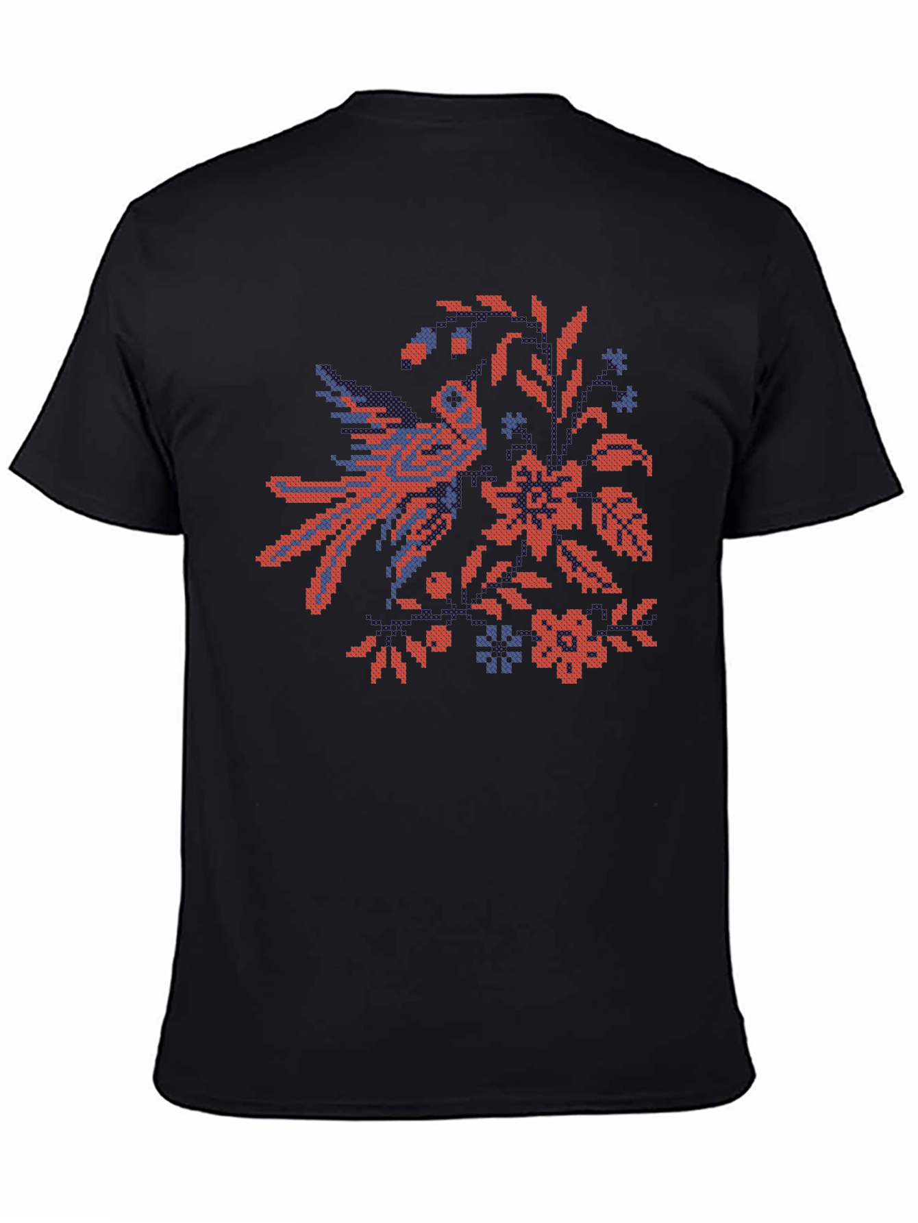 Embroidered Bird & Floral Black T-Shirt