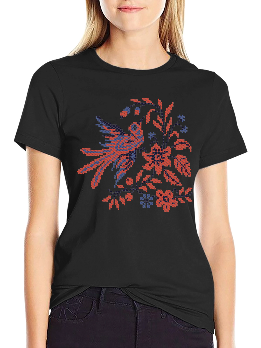 Embroidered Bird & Floral Black T-Shirt