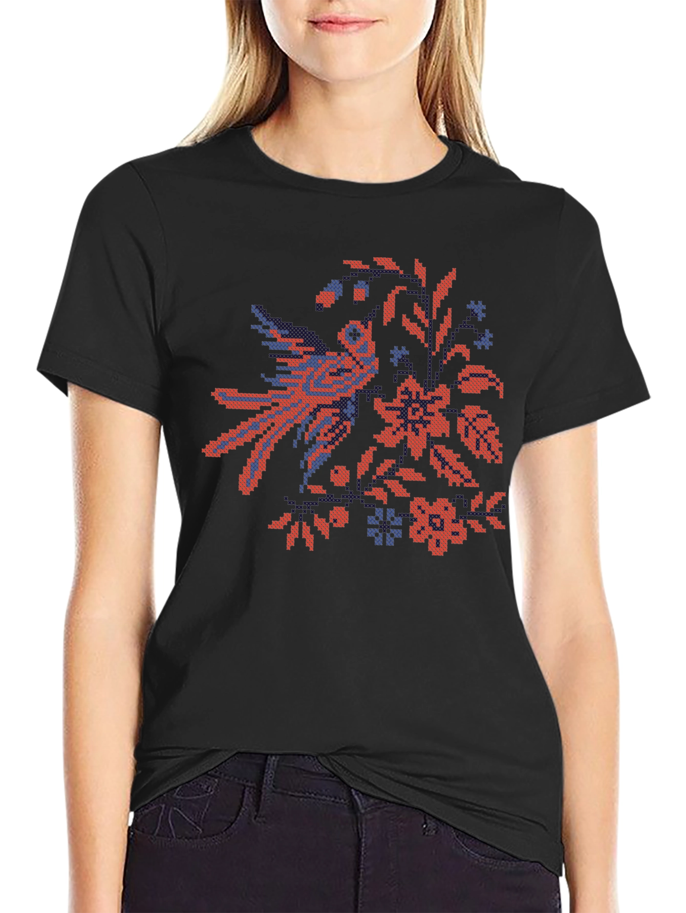 Embroidered Bird & Floral Black T-Shirt