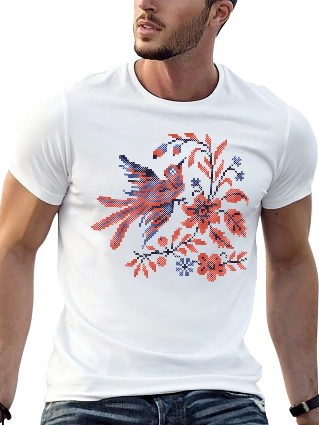 Embroidered Bird & Floral Black T-Shirt