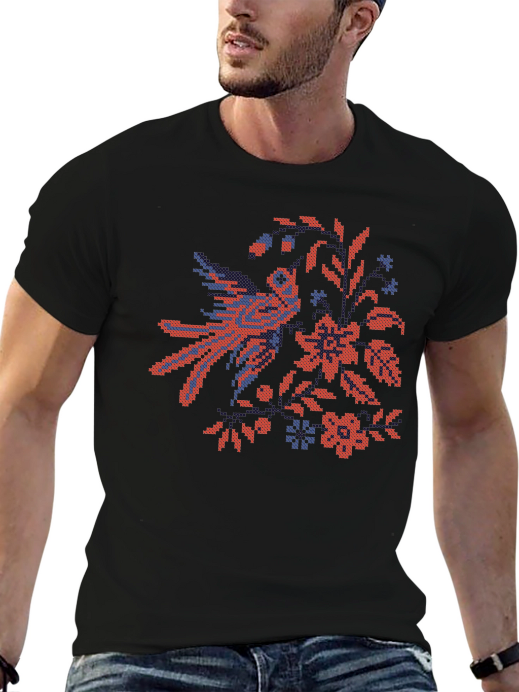 Embroidered Bird & Floral Black T-Shirt
