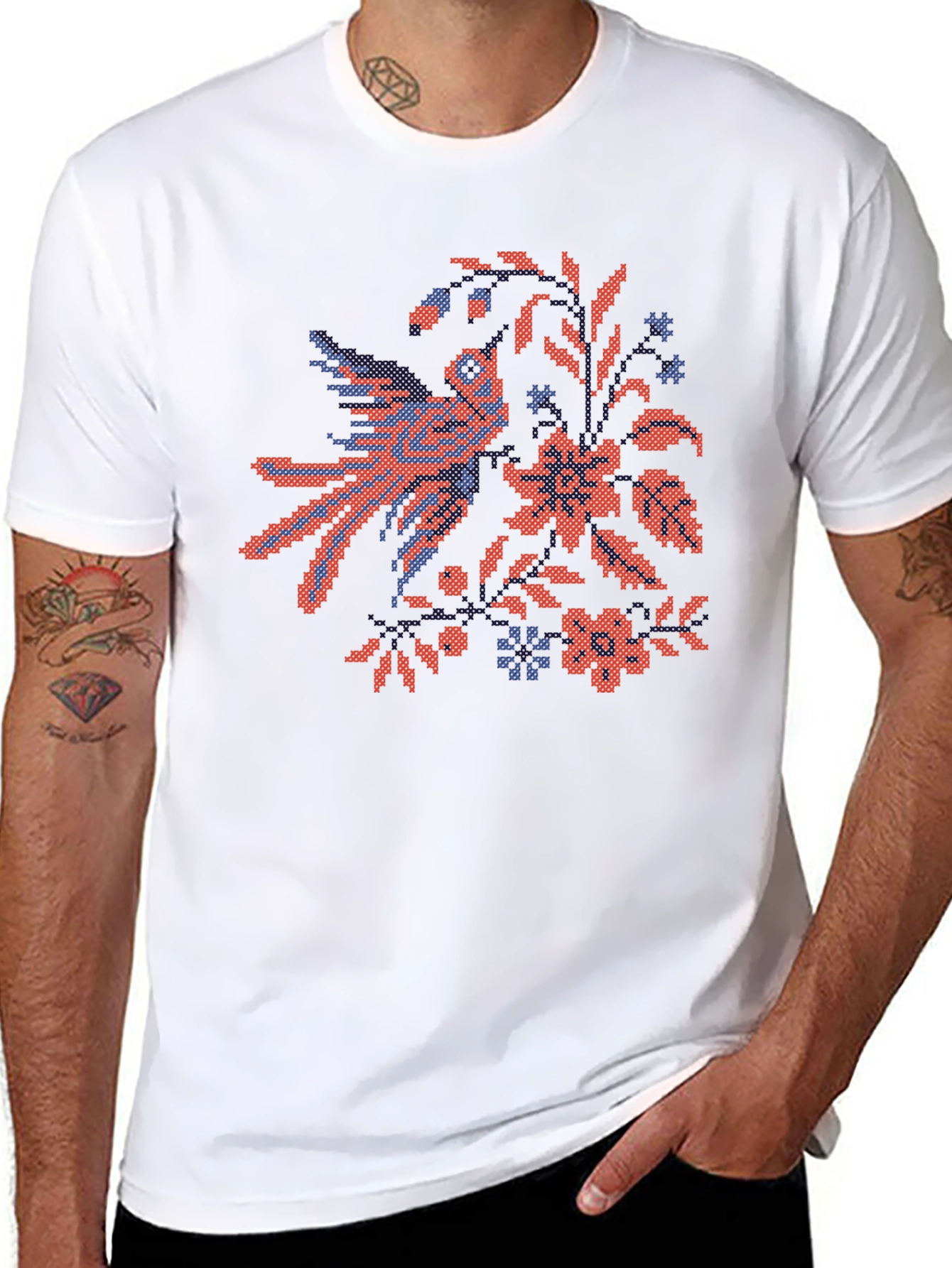 Embroidered Bird & Floral Black T-Shirt