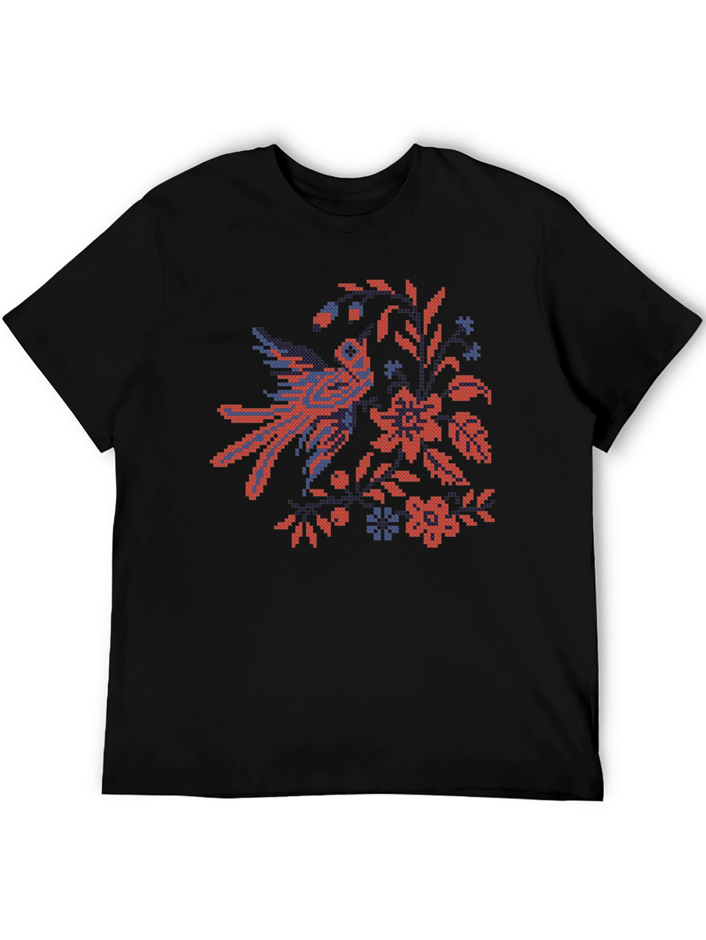Embroidered Bird & Floral Black T-Shirt